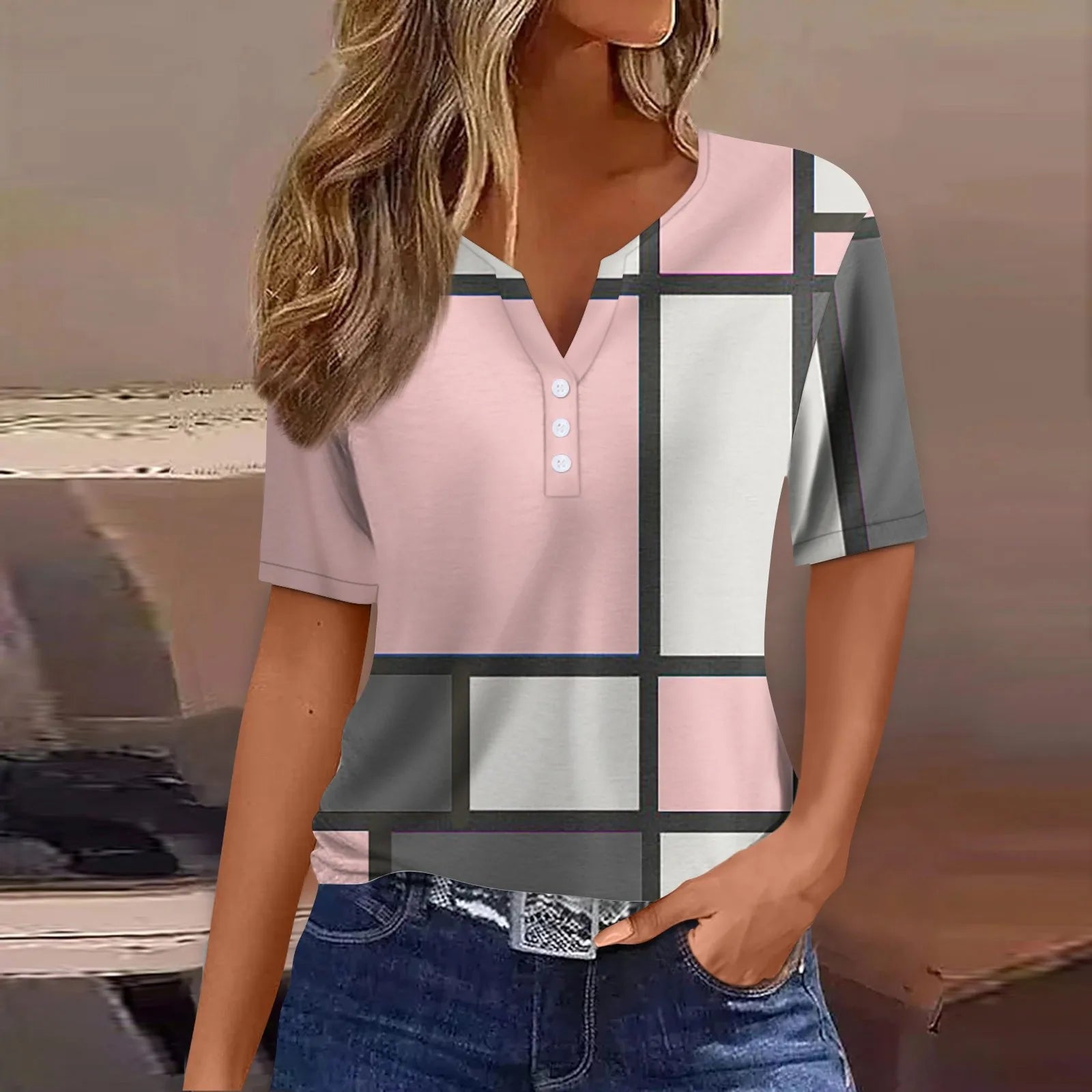 2024 Summer Patchwork T-Shirts Button Tops Womens Casual Short Sleeve Loose Ladies V-Neck Female Street Clothes Pullover Oasis Select Pink S