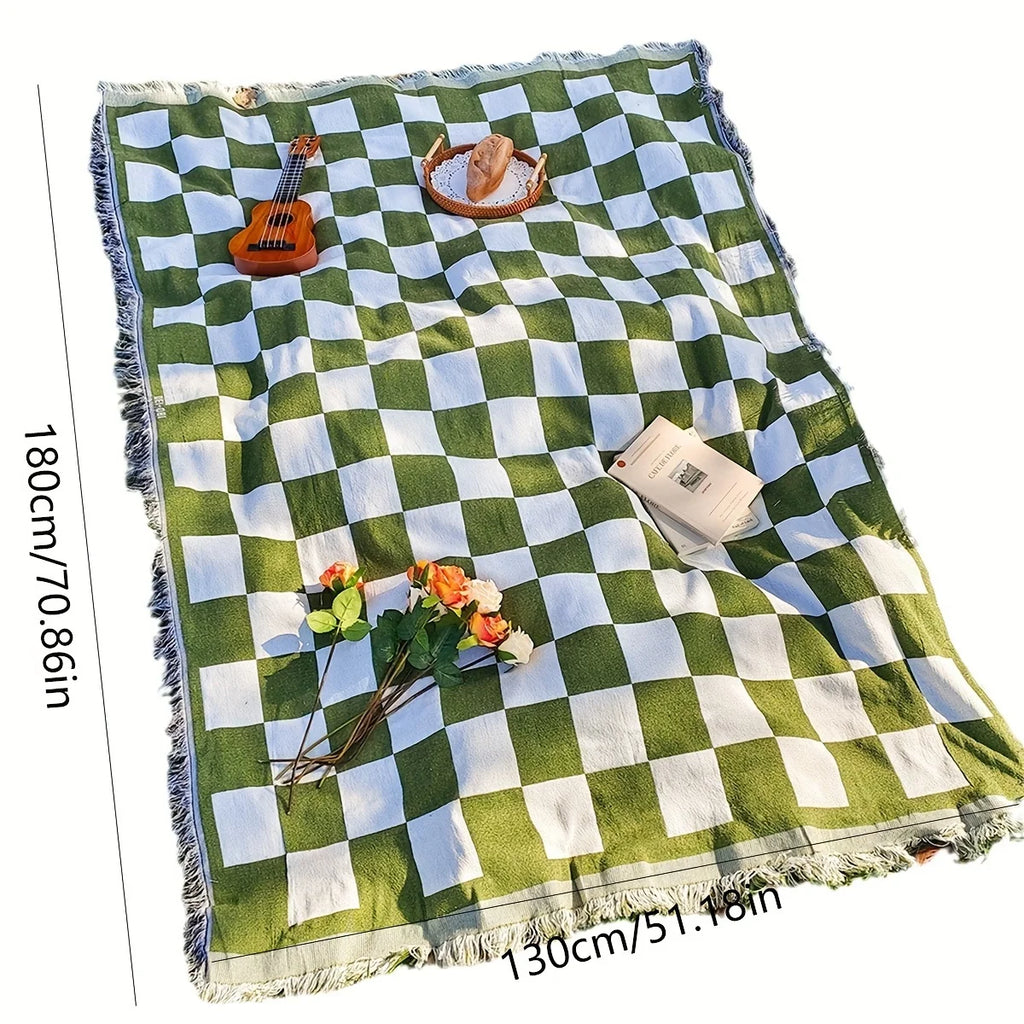 1pc French square matcha green belt tassel picnic mat Oasis Select green 180x130cm