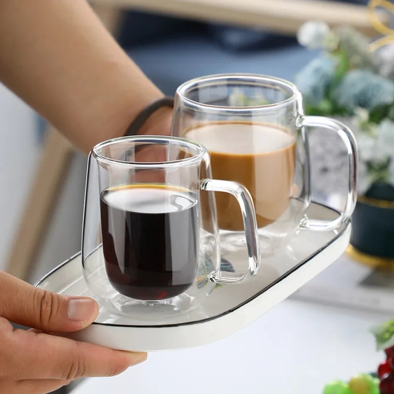 150/250/350ML Heat Resistant Double Wall Glass Coffee Cup with Handle Cappuccino Latte Breakfast Tea Milk Water Clear Cups Gift Oasis Select