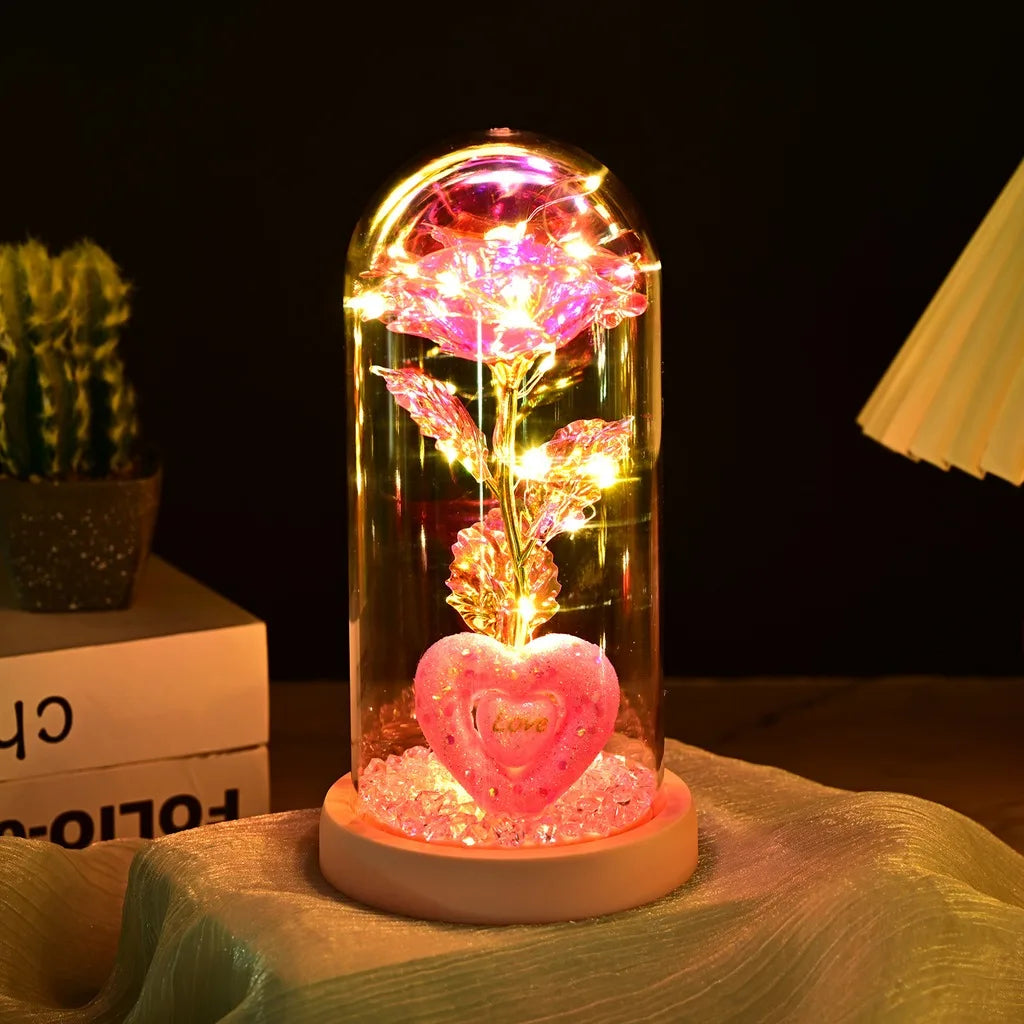Romantic Rose Ornament Delicate Led String Lights Decoration Glass Dome Rose Charming Luxury Glass Display Rose For Home Decor Oasis Select Pink