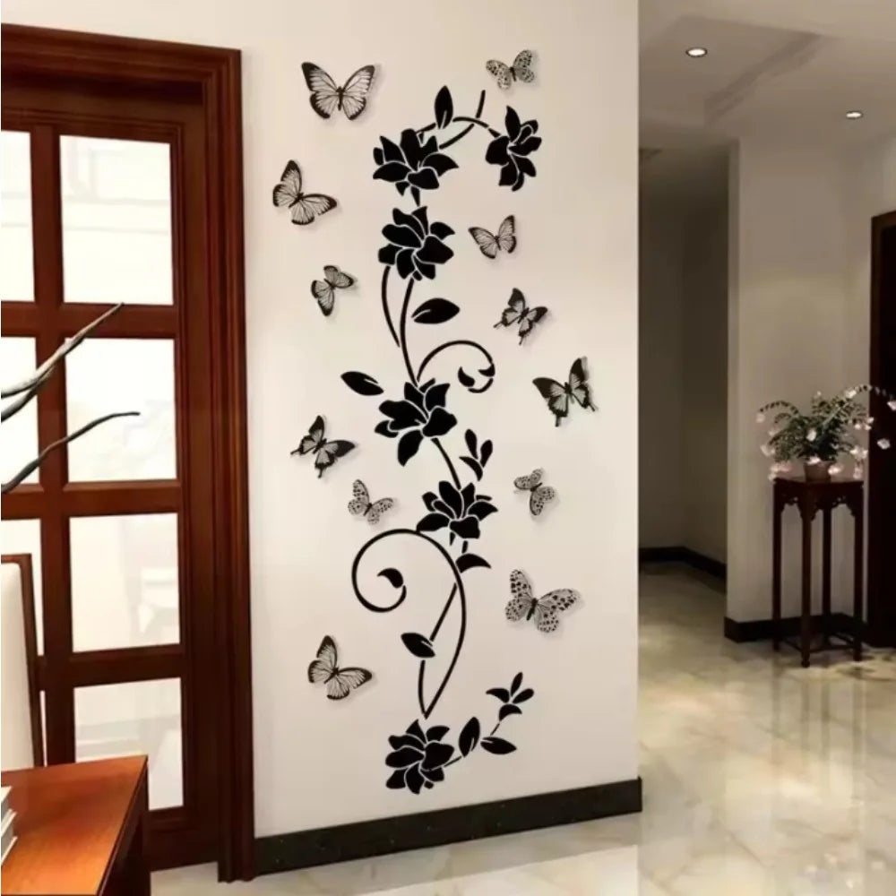 Black Flower Vine Butterfly Wall Sticker Removable Background Bedroom Room Decoration Aesthetic Self Adhesive Art Decor Oasis Select