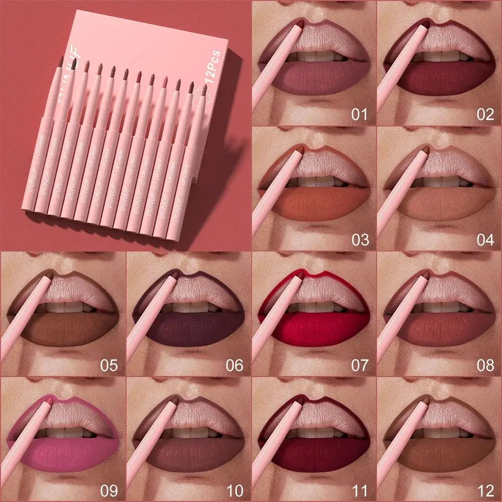 DUNUF 12-Color Matte Lip Liner Set – Waterproof & Long-Lasting