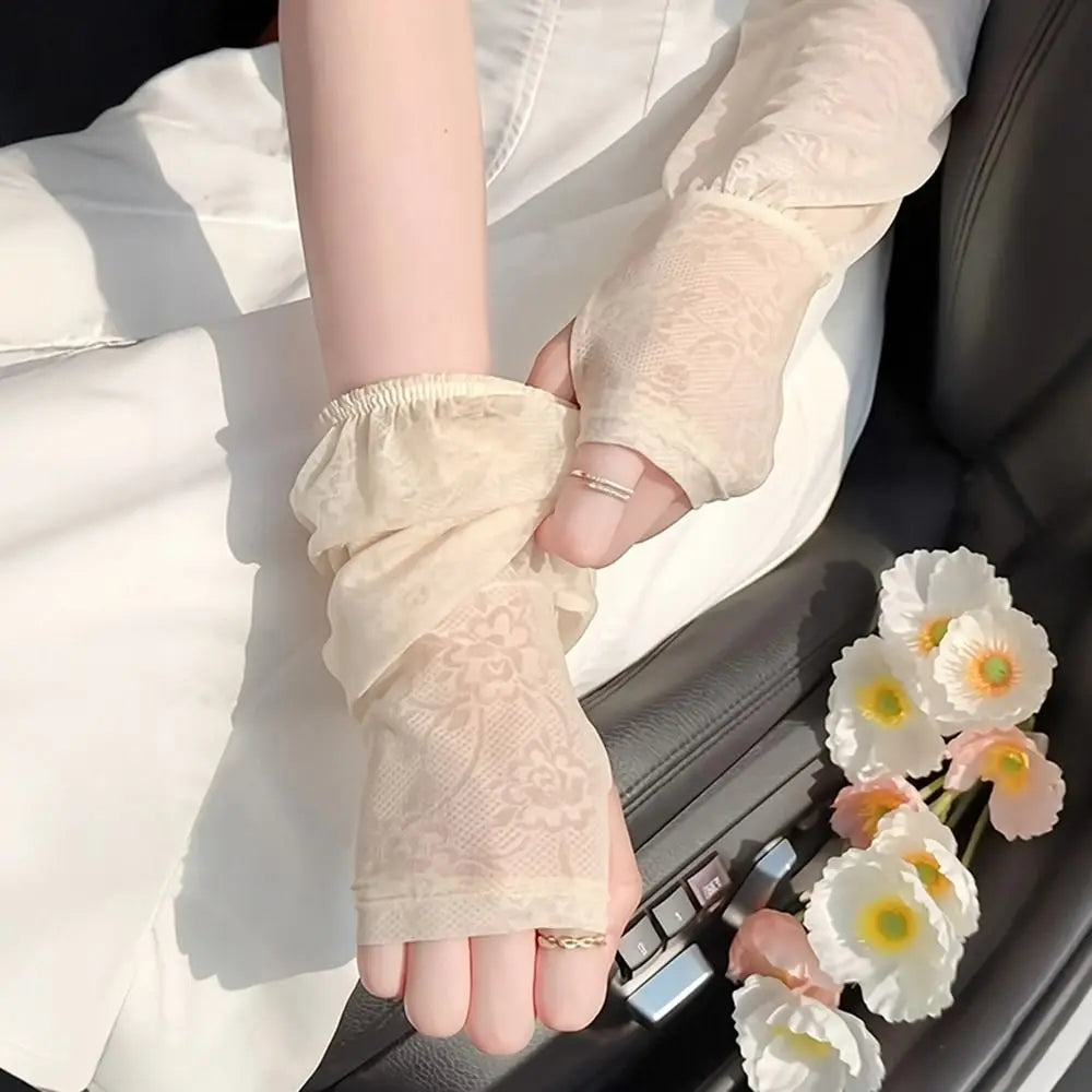 Fashion Lace Ice Silk Sleeves Long Soft Breathable Sunscreen Sleeves UV Protection Arm Glove Sleeves Women Oasis Select