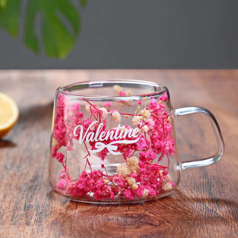 200ml Double Walled Glass Mug Cup Coffee Mug with Dry Flowers Decorative Creative Flower Mug Home Water Cup Drinking Glasses Oasis Select Pnik-white 200ml