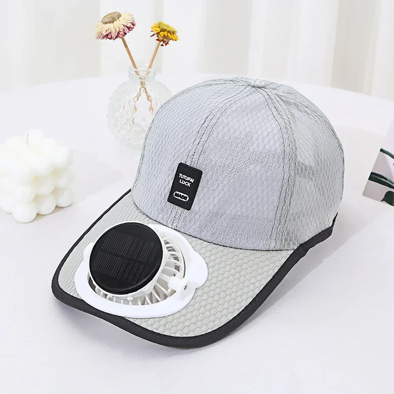 Solar Powered Cap with Fan Summer Breathable Mesh Sun Protection Outdoor Baseball Hat for Men USB Rechargeable Cooling Headwear Oasis Select Light Grey