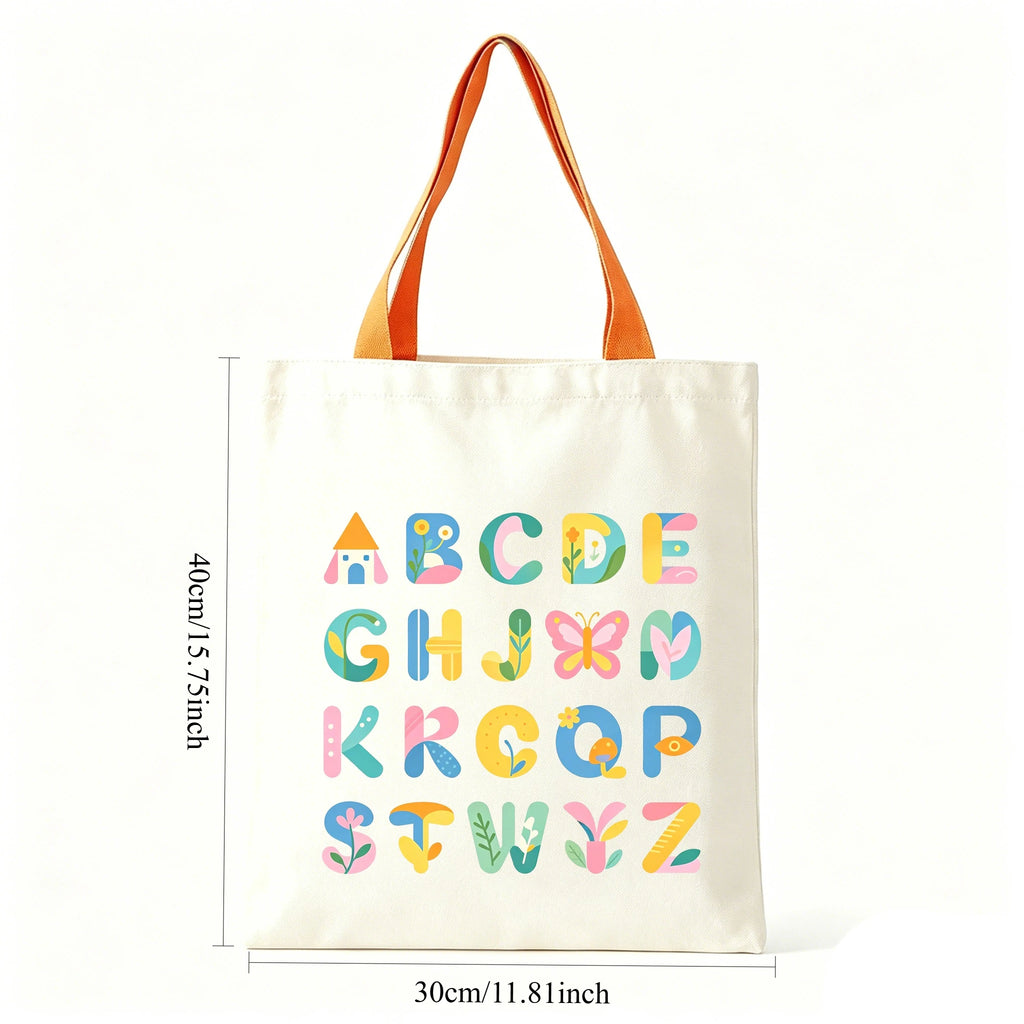 Colorful ABC Print Canvas Tote Bag Large Eco Reusable Shoulder Bag Student Teacher School Shopping Bag Oasis Select