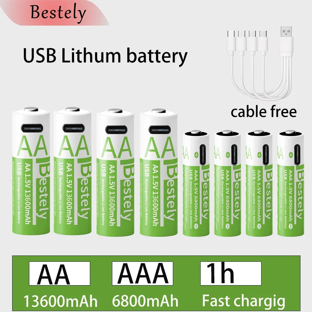 New 1.5V AA 13600mAh+AAA 6800mAh Lithium rechargeable Battery,USB Fast Charging Li-ion Battery , 2000 Cycles with USB- C Cable Oasis Select