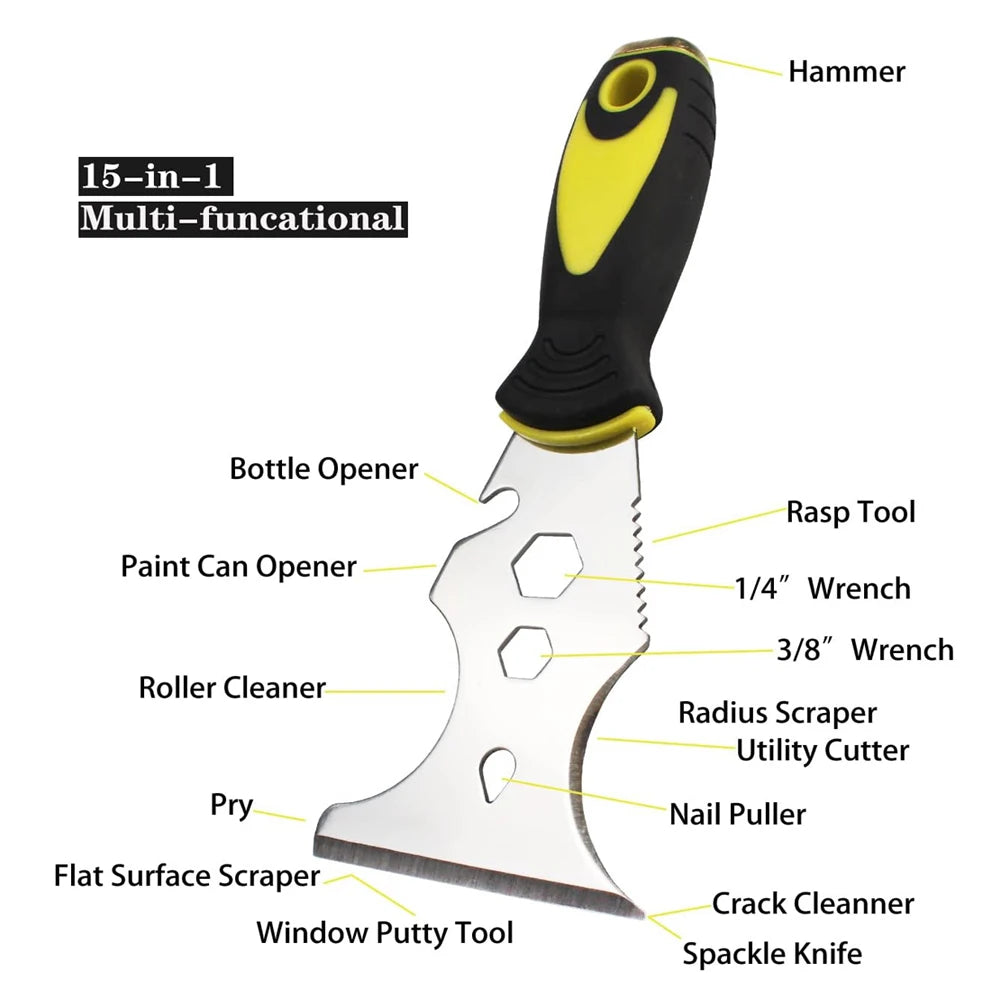 15-In-1 Multi Use Putty Knife Stainless Steel Paint Scraper Tool Wallpaper Can Opener Cleaning Paint Rollers Home DIY Oasis Select