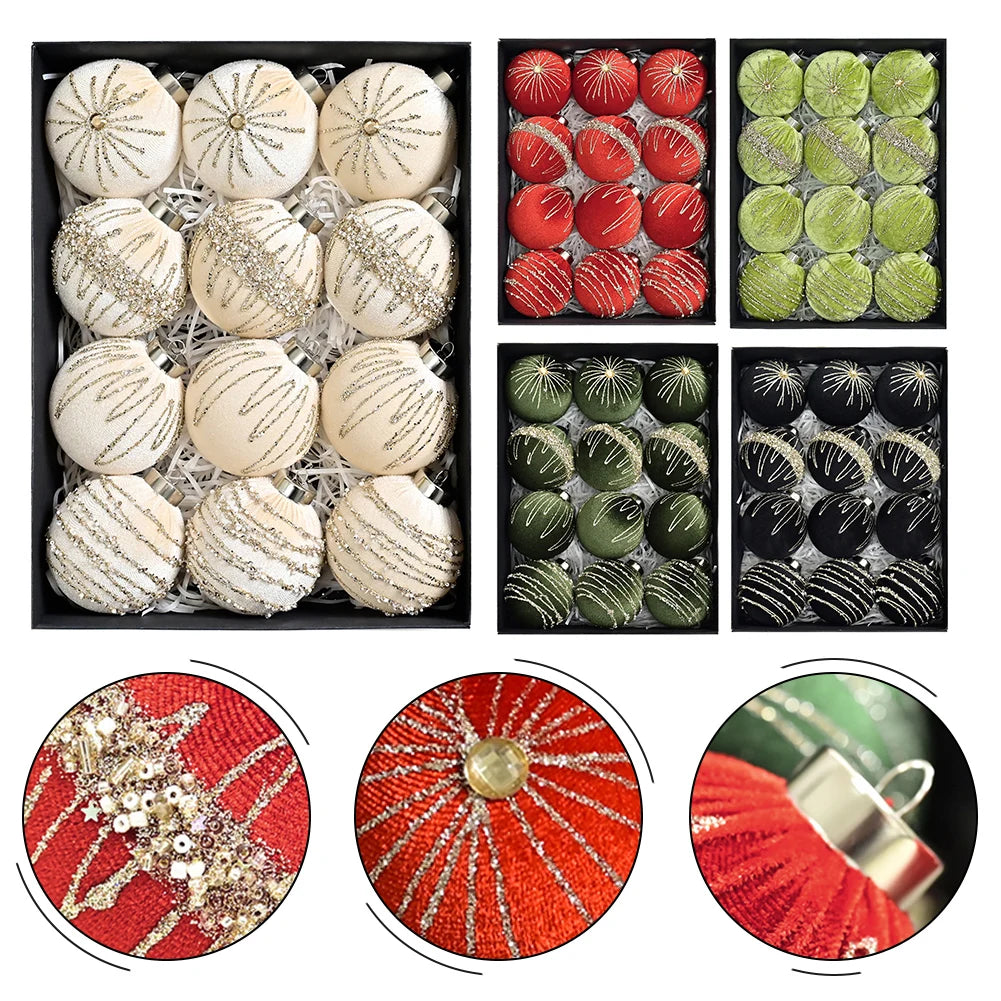 12-pcs 8cm Flocked Velvet Christmas Tree Ornaments Set Fit For Elegant Holiday Decor Christmas Charms Home Decor Xmas Hanging Oasis Select