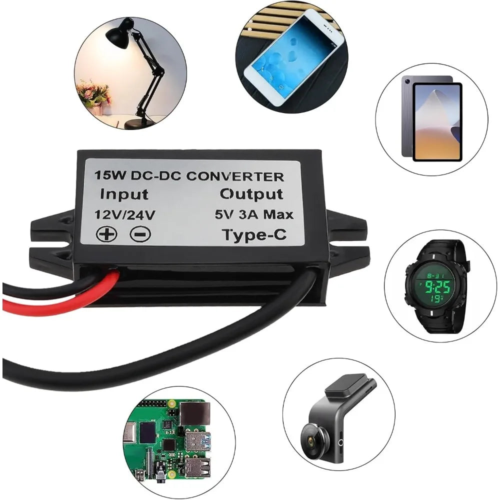 DC/DC 12V/24V To 5V Step Down Converter 3A 15W USB Type-C Interface Waterproof Buck Power Adapter Compatible With Mobile Phone Oasis Select