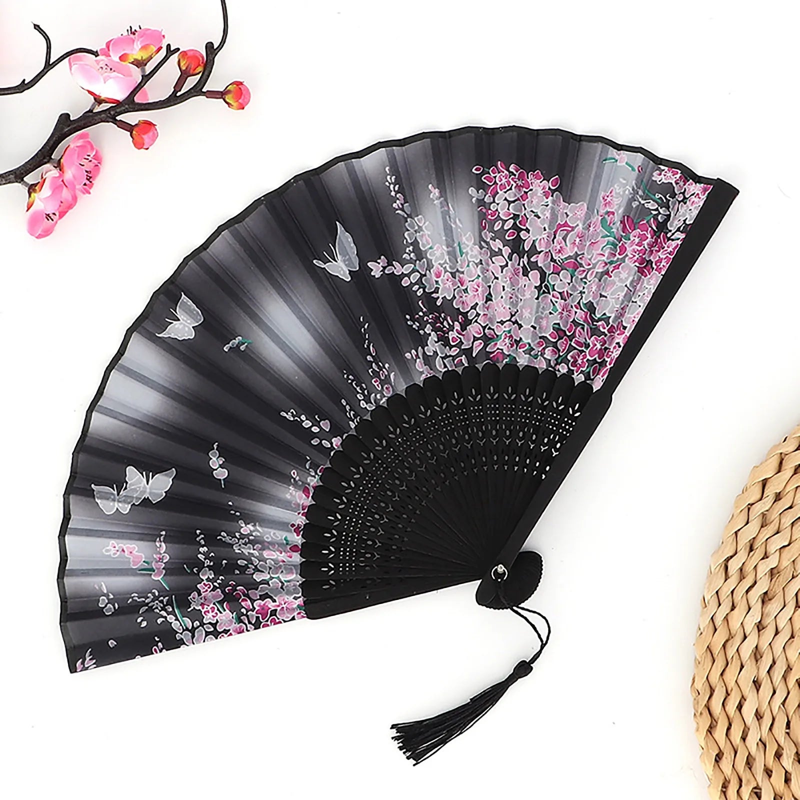 Vintage Silk Folding Fan Chinese Japanese Art Crafts Gift Home Decorations Dance Hand Fan Bamboo Room Decor Wood Fans Oasis Select H One Size