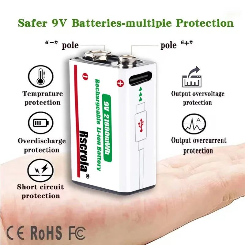 Long-Lasting 9V Lithium ion Rechargeable Battery 21800mWh High Capacity for Guitar Microphone Smoke Detector Pedal with Cable Oasis Select