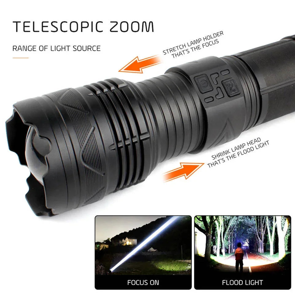 Powerful LED Flashlight Super Bright Spotlight Long Range Zoomable Emergency Lantern Outdoor Camping Torch Power Display Oasis Select