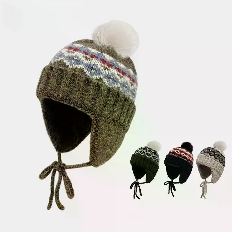 Fair Isle Jacquard Knit Beanie with Pom-Pom & Ear Flaps