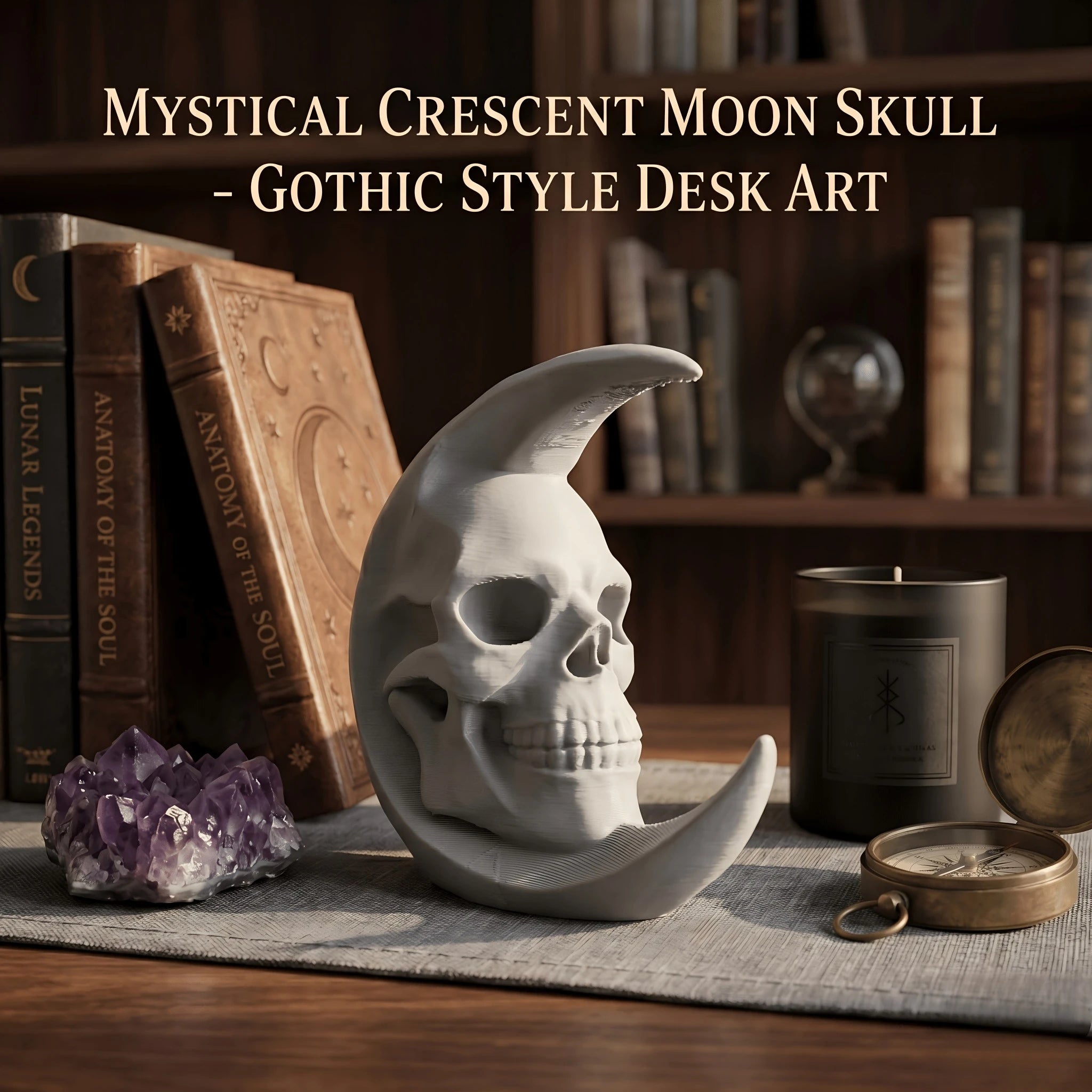 Retro Crescent Moon Skull Figurine Gothic Style Desk Ornament Mystical Skull Moon Meditation Statue Home Office Altar Decor Gift Oasis Select