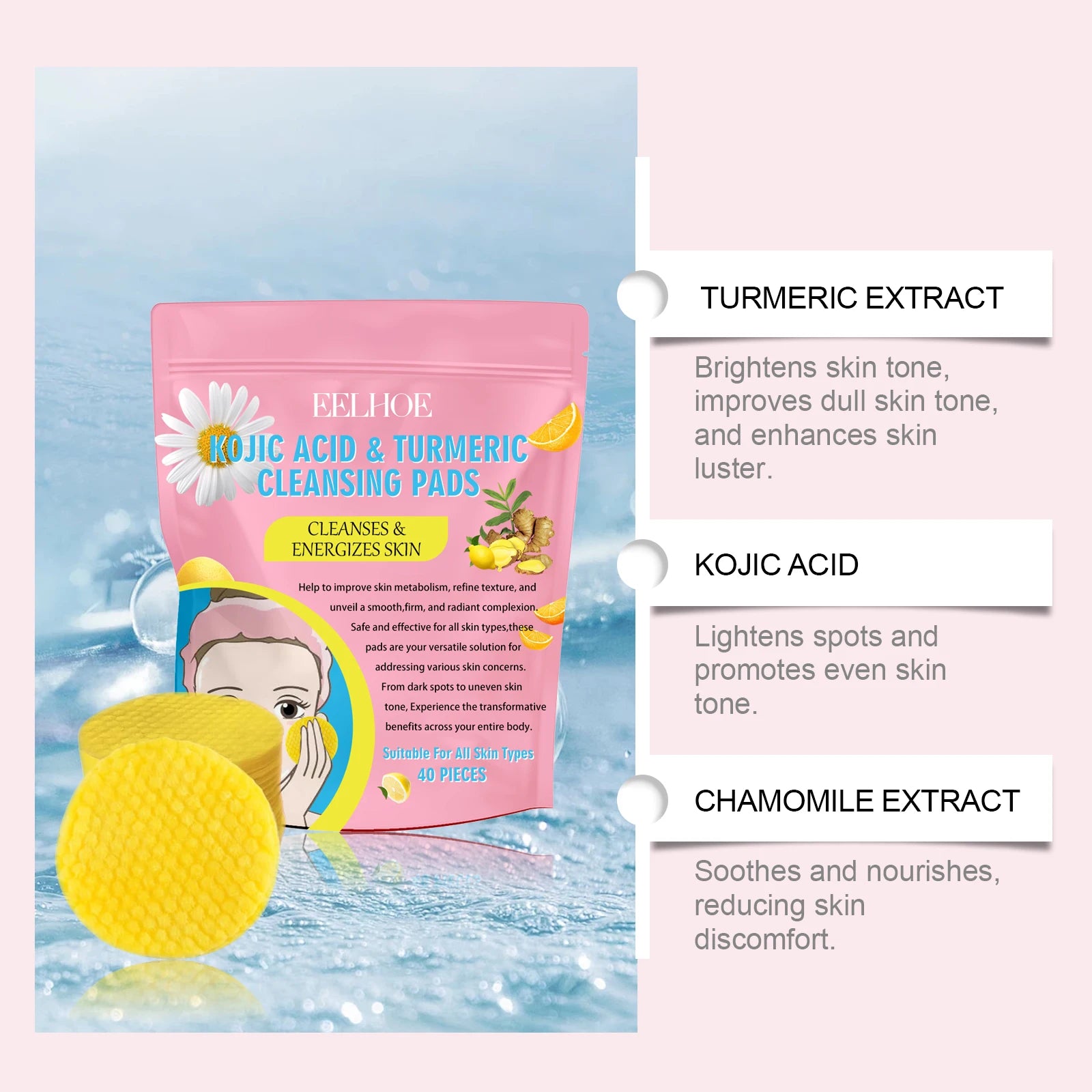 Turmeric Kojic Acid Cleansing Pads 40pc – Fade Dark Spots Exfoliating Cleansing Pads Oasis Select