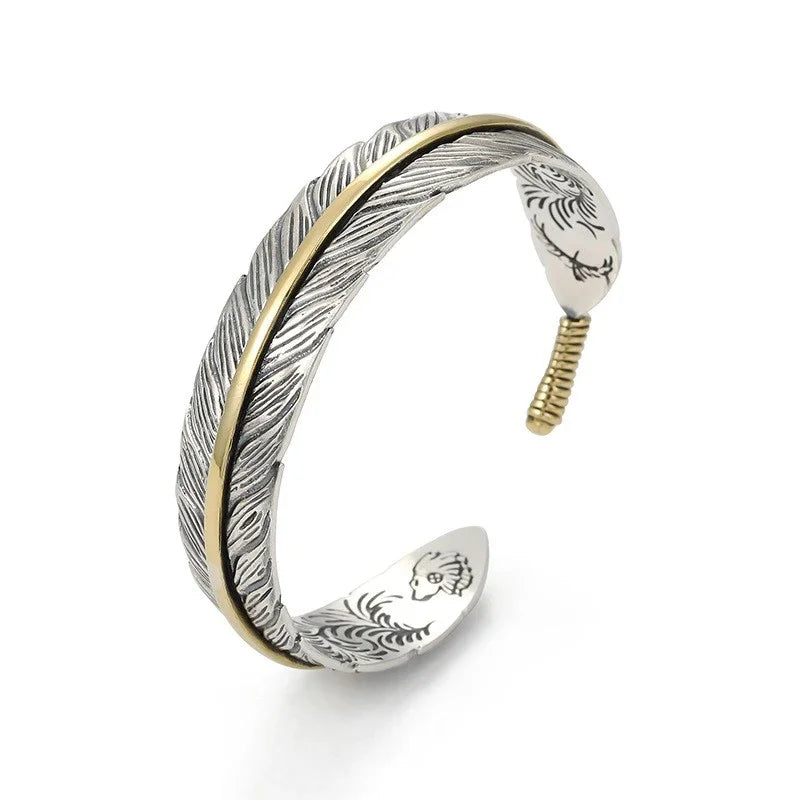 Vintage Carved Pattern Feather Bangle Bracelet Creative Design Opening Adjustable Men and Women's Models Oasis Select golden 54-56mm