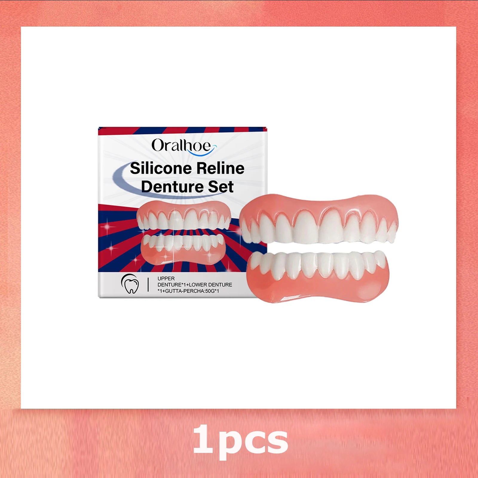 Silicone Denture Set Upper Lower Veneers False Teeth Braces Adjustable Perfect Smile Soft Comfortable Teeth Orthodontic Adults Oasis Select 1pcs Boxed