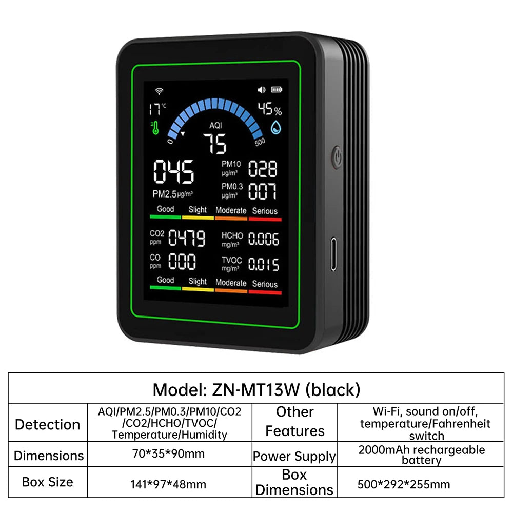 Multifunctional Digital Air Quality Monitor CO2 CO TVOC HCHO PM Meter Digital Temperature Humidity Tester Home Air Detector Oasis Select Black