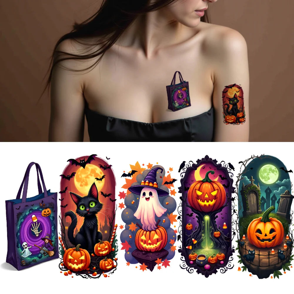 9-Piece Halloween Temporary Tattoos – Witch, Moon & Tree