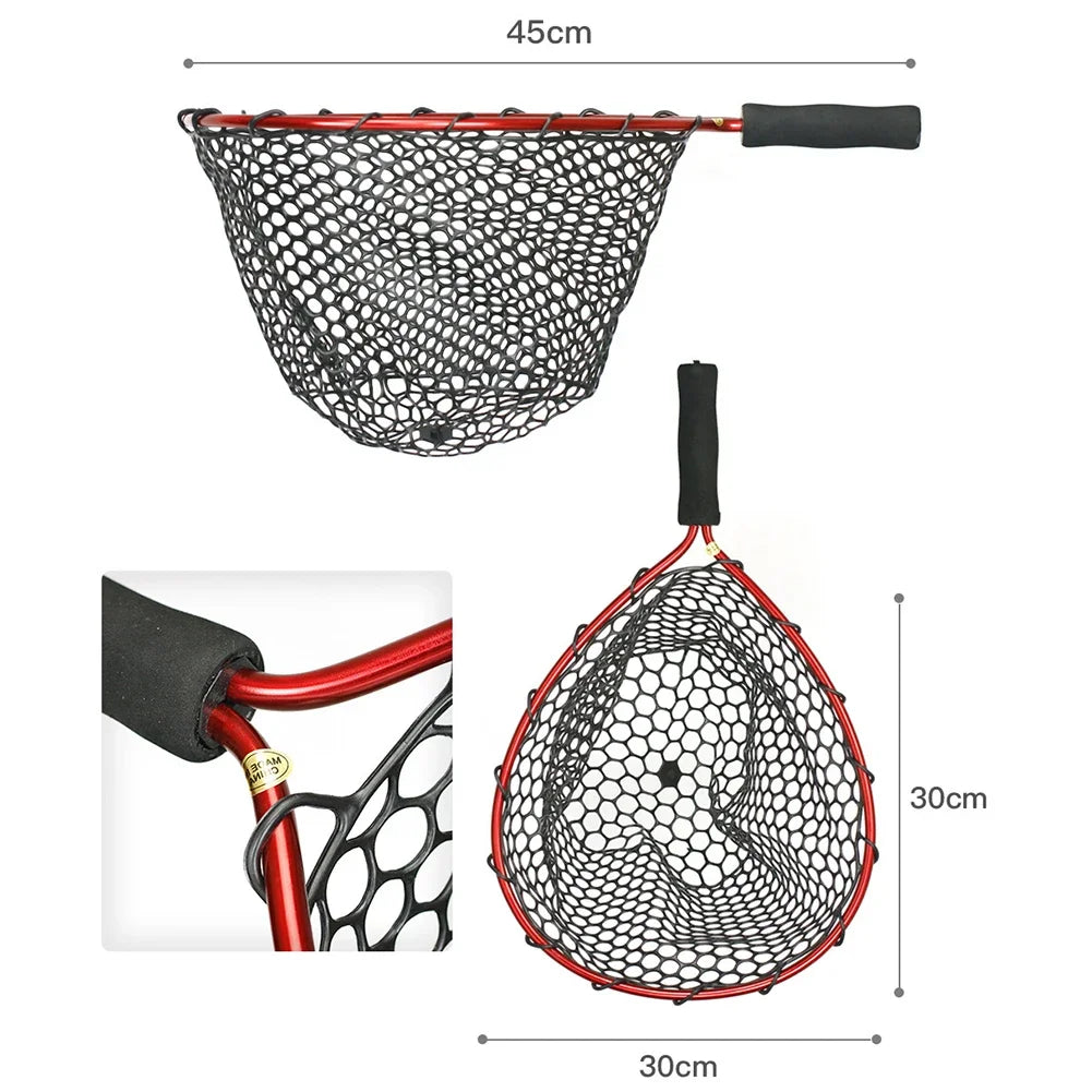 Fishing Net Soft Silicone Fish Landing Net Aluminium Alloy Pole EVA Handle with Elastic Strap and Carabiner Fishing Nets Tools Oasis Select