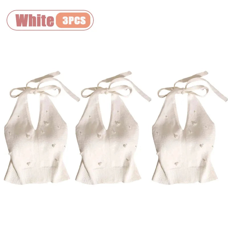 1-10PCS Beaded Halter Top for Women Sexy Backless Sleeveless Knit Cami Slim Fit Layering Outwear Summer Clothes Oasis Select White-3PCS One Size