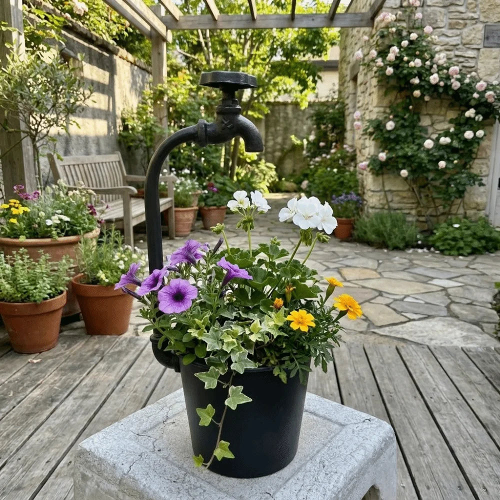 Rustic Metal Faucet Flowerpot | Vintage Iron Flower Bucket
