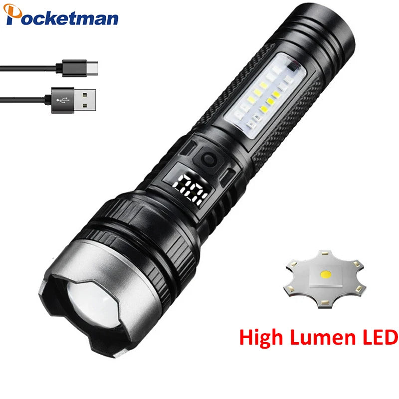 Super Bright LED Flashlight 5 Lighting Modes USB Rechargeable Flashlights Telescopic Zoom Torch with Red/Blue COB Side Lights Oasis Select Include USB Charger