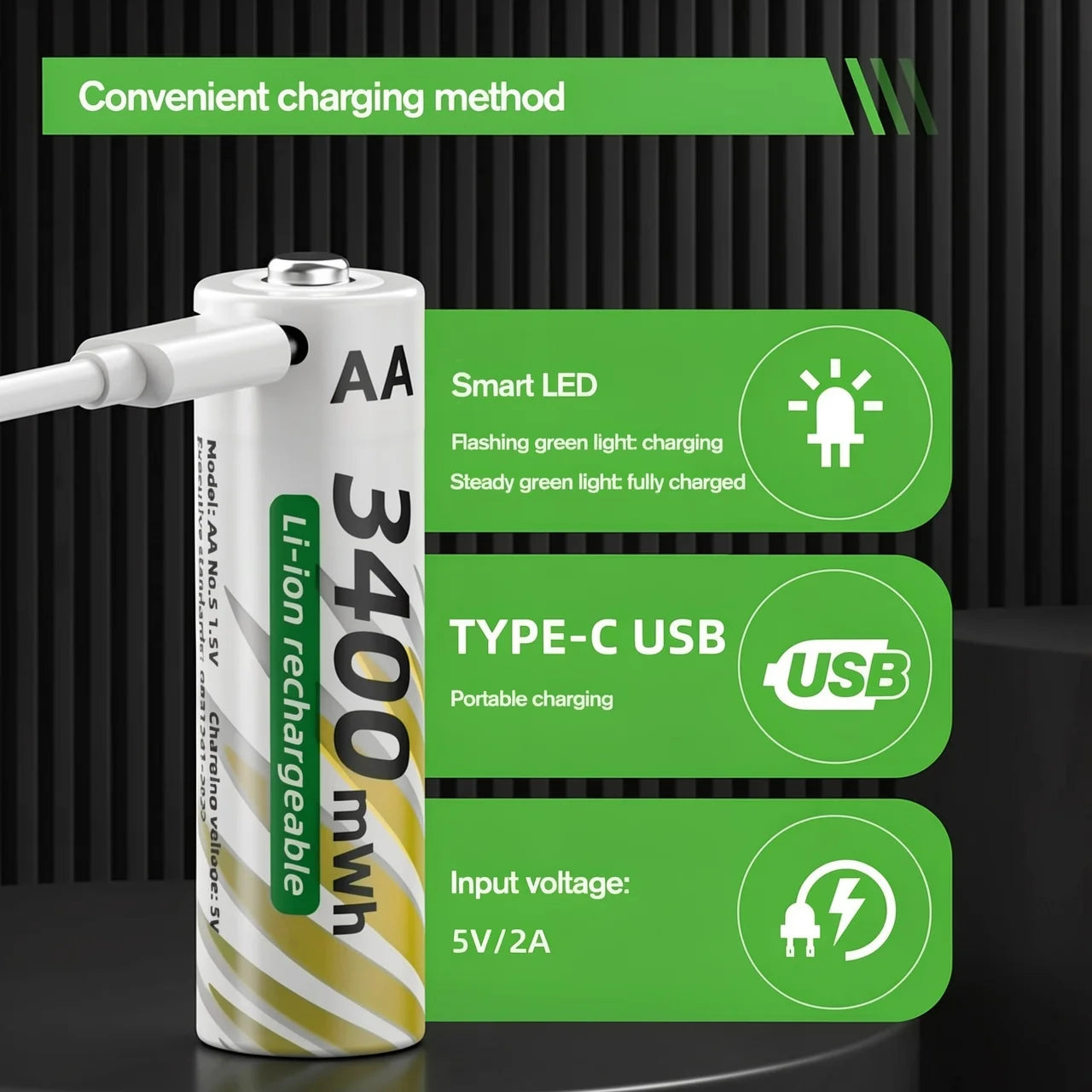 Li-ion AAA and AA Rechargeable Batteries USB Lithium-ion 3400mWh 1.5V AA Rechargeable Batteries+900mWh 1.5V AAA Battery Oasis Select