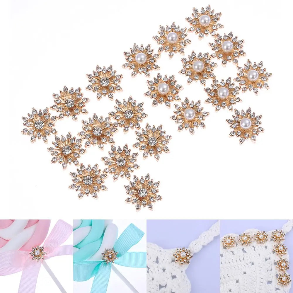 10PCS 16MM Vintage Buttons Clothing Flatback Plating Pearl Buckle Rhinestone Snowflake Cabochon DIY Craft Apparel Sewing Tools Oasis Select