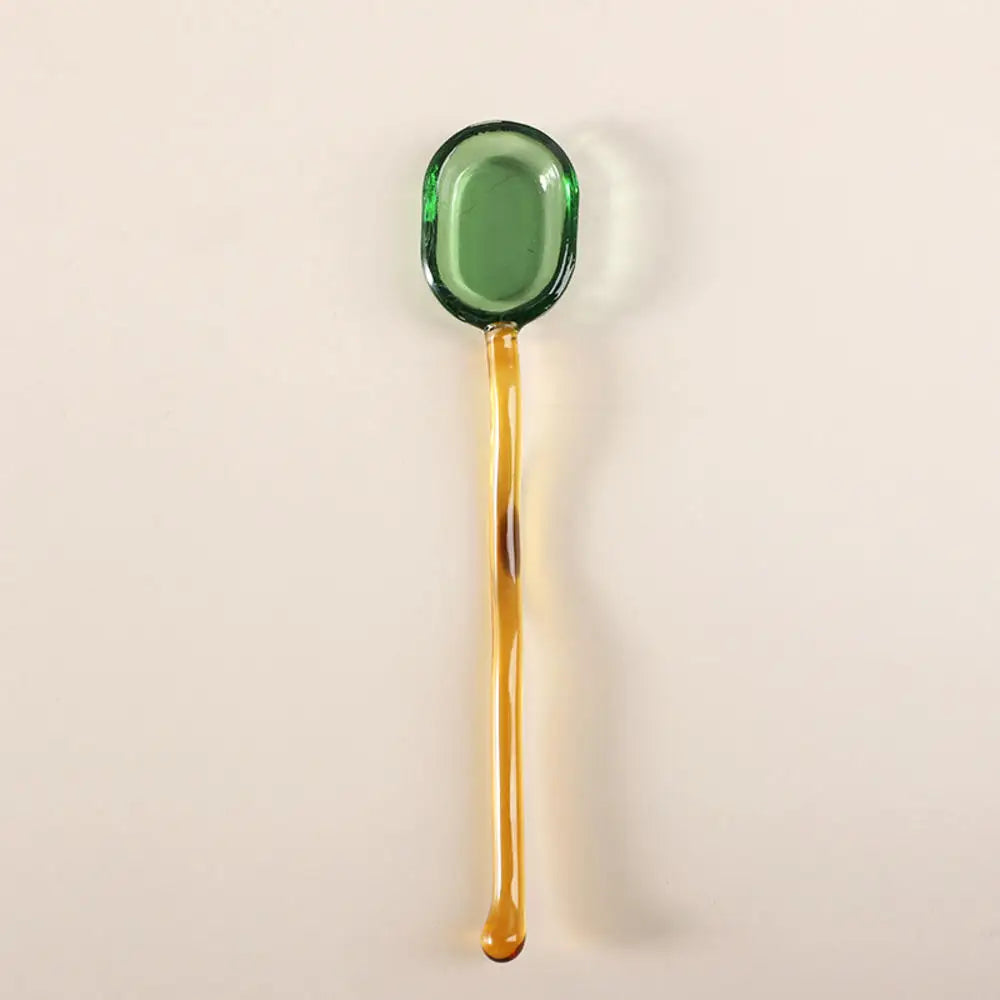Simple Creative Milk Dessert Spoon Color Pastoral High Temperature Resistant Glass Spoon Cute Long Handle Coffee Mixing Spoon Oasis Select Yellow-15.5x3
