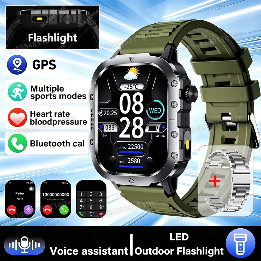 Military-Grade Smartwatch – Bluetooth Call, Flashlight & 100+ Sports