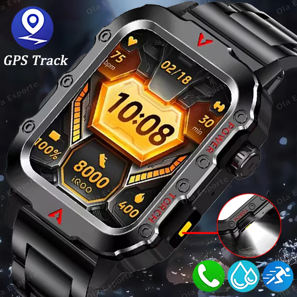 Rugged Military Smartwatch – Bluetooth Call, AI Voice, IP68 Sport