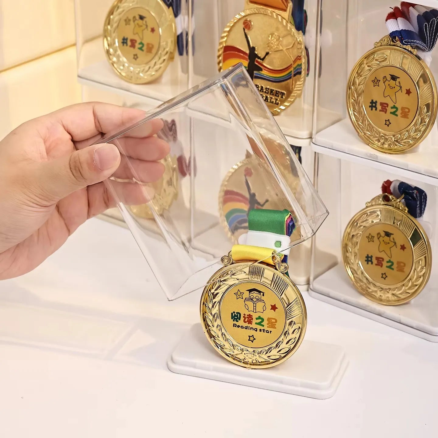 1pc transparent stackable acrylic medal display and storage box stackable certificate and trophy storage rack display box Oasis Select