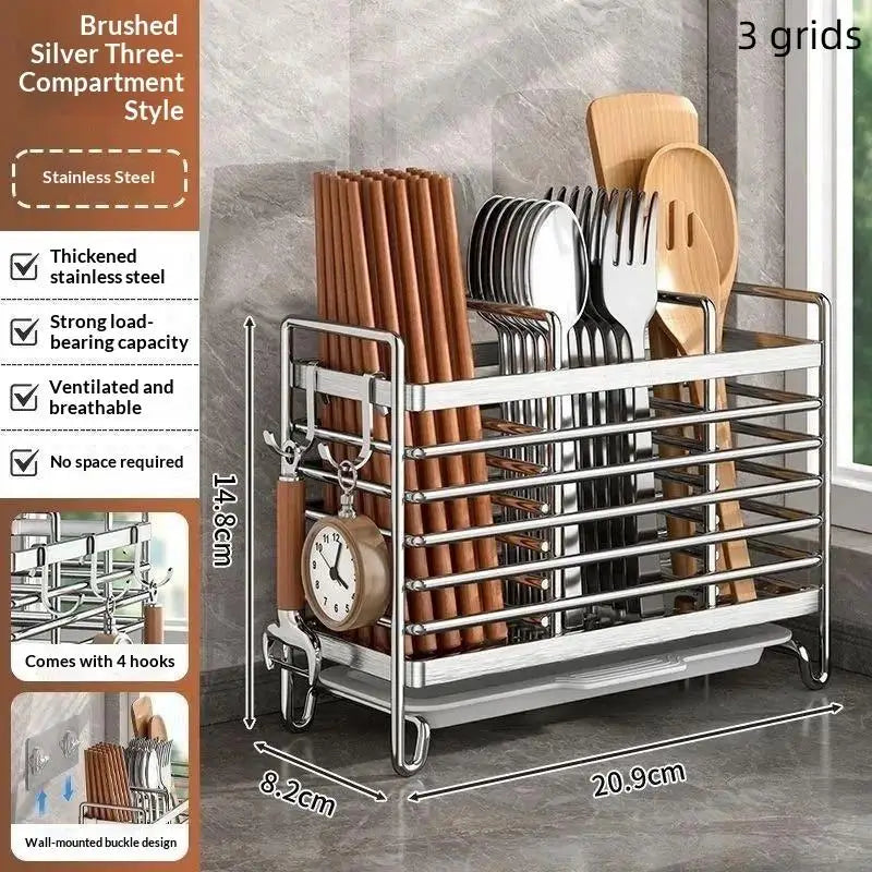 Stainless Steel No-Drill Wall-Mounted Utensil Holder Space-Saving Non-Slip Cutlery Organizer for Kitchen Countertop Wall Oasis Select Silver 3