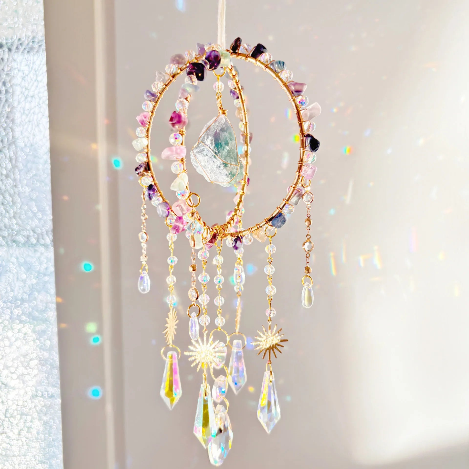 Natural Gravel Sun Catcher Raw Stone Winding Spherical Crafts Rainbow Hanging Gift Powder Crystal Wind Chimes Oasis Select C