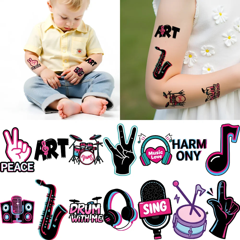 63-Piece Waterproof Temporary Tattoo Stickers – Retro Music Icons
