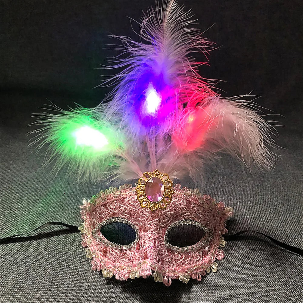 Women LED Party Mask Masquerade Luxury Peacock Feathers Half Face Mask Cosplay Costume Venetian Mask Oasis Select Pink