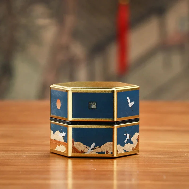 Creative Hexagonal Tea Pot Tin Can Chinese Tinplate Tea Storage Tank Small Sealed Portable Tea Box Empty Can Tea Set Accessories Oasis Select StyleB S