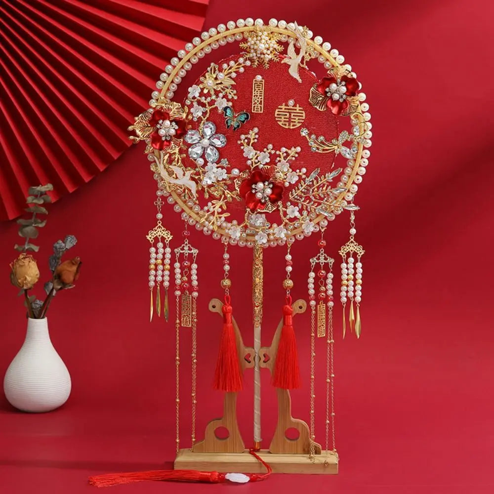 Handmade Chinese Bridal Fan – Silk Tassel & Flower Wedding Fan