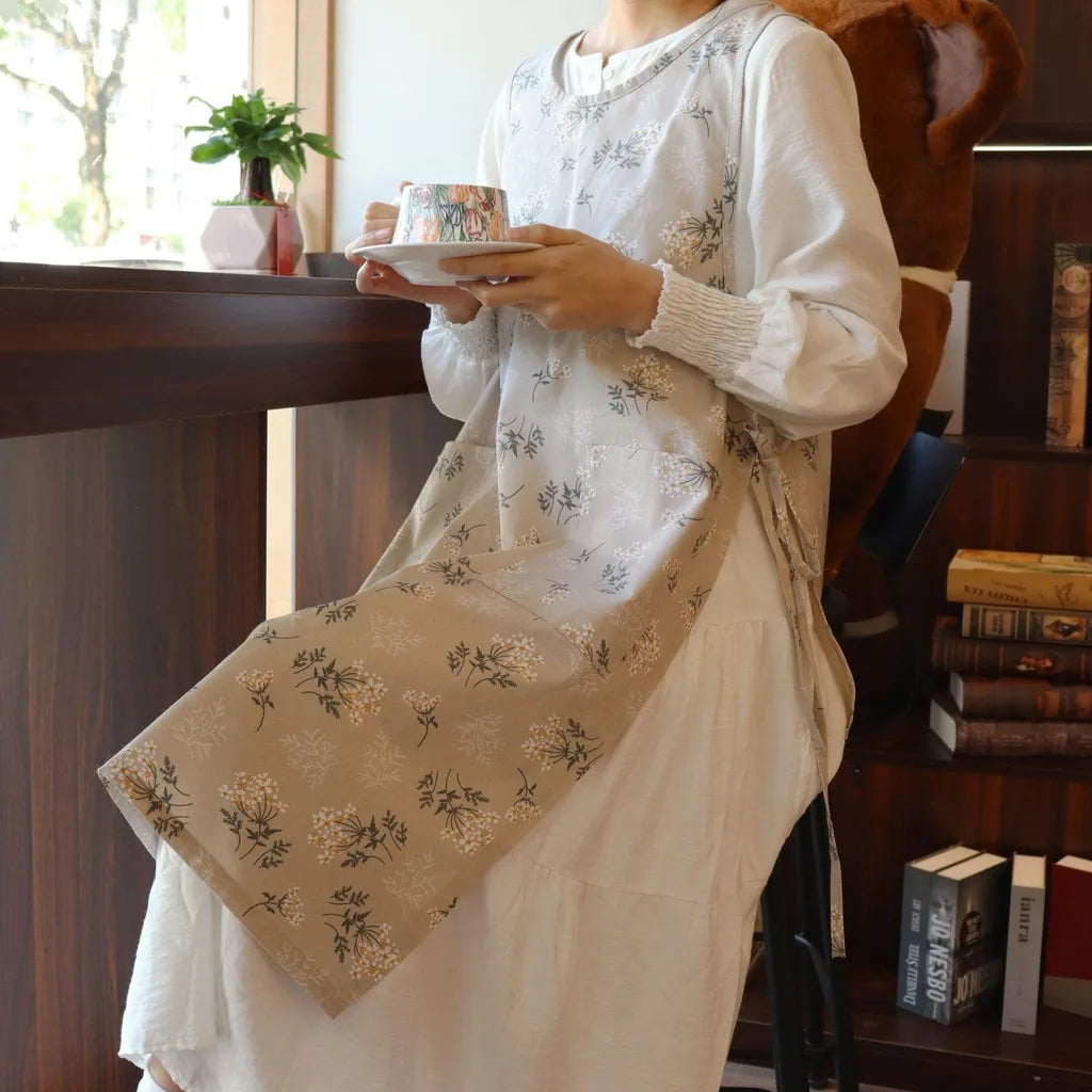 Japanese Cotton Cozy Unisex Kitchen Apron Pockets Pinafore Dress Smock for Women with Cooking Kitchen Baking Soft Printing BBQ Oasis Select Light Khaki