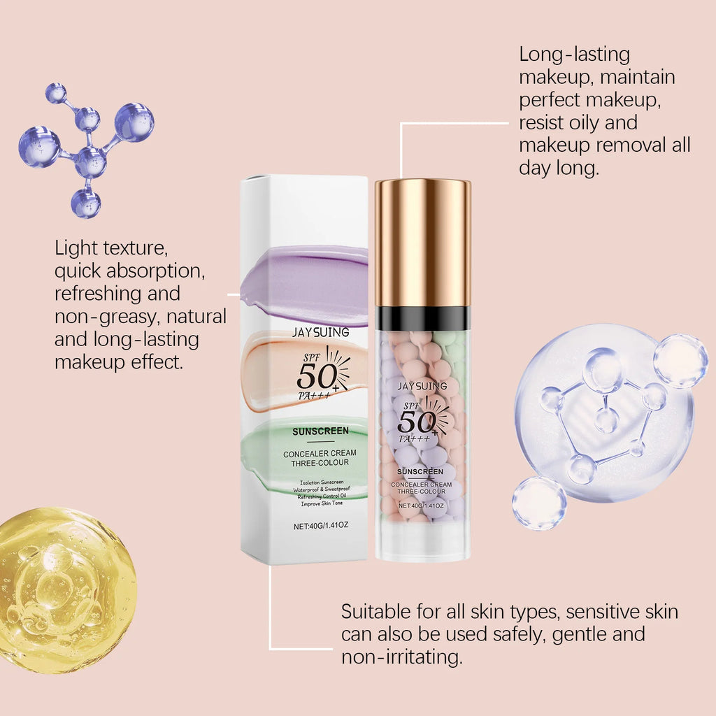 Tri Color Isolation Cream Sunscreen Primer Waterproof Makeup Base Concealer Blemishes Color Correcting Long Lasting Natural Oasis Select