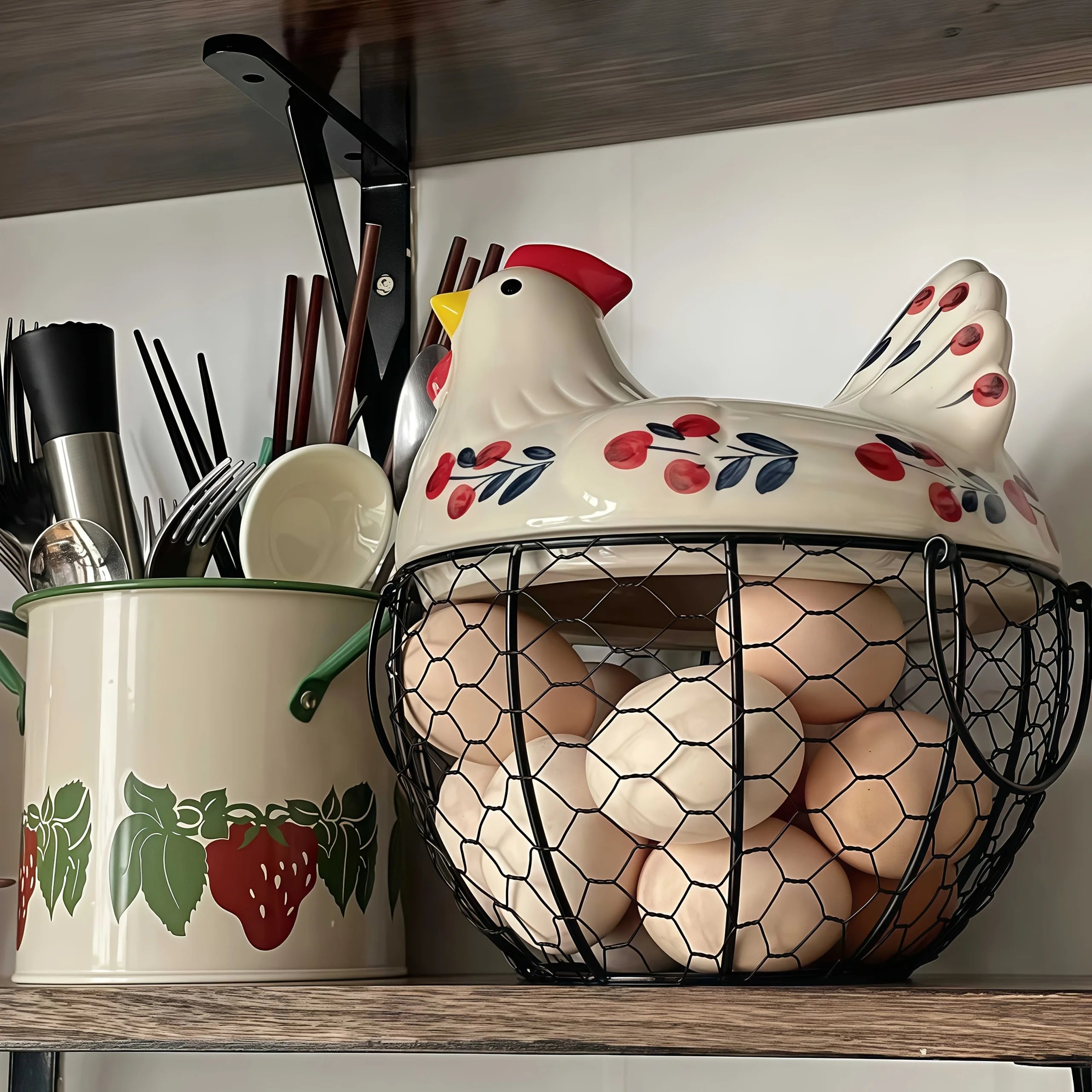 1pc Farmhouse Hen-Shaped Ceramic Egg Baske -Ceramic Egg Holder with Lid,Rustic Kitchen Organizer for Fruits/Veggies Oasis Select