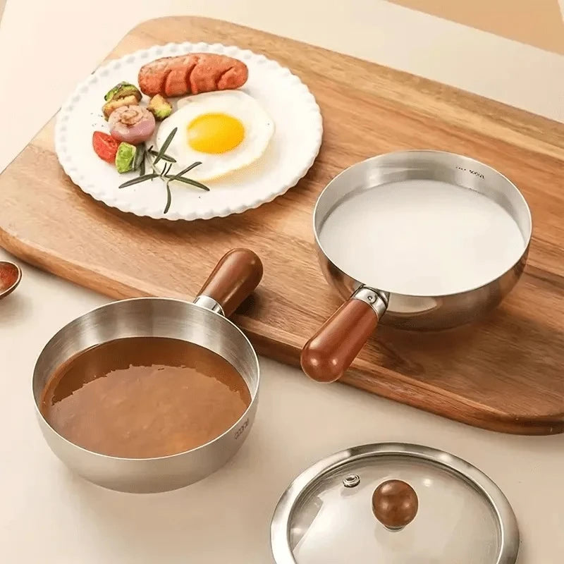 1pc Korean Ramen Pot with Lid, Stainless Steel Wooden Handle Noodle Cooker, 1-2 Person Instant Noodles Pot Induction Compatible Oasis Select