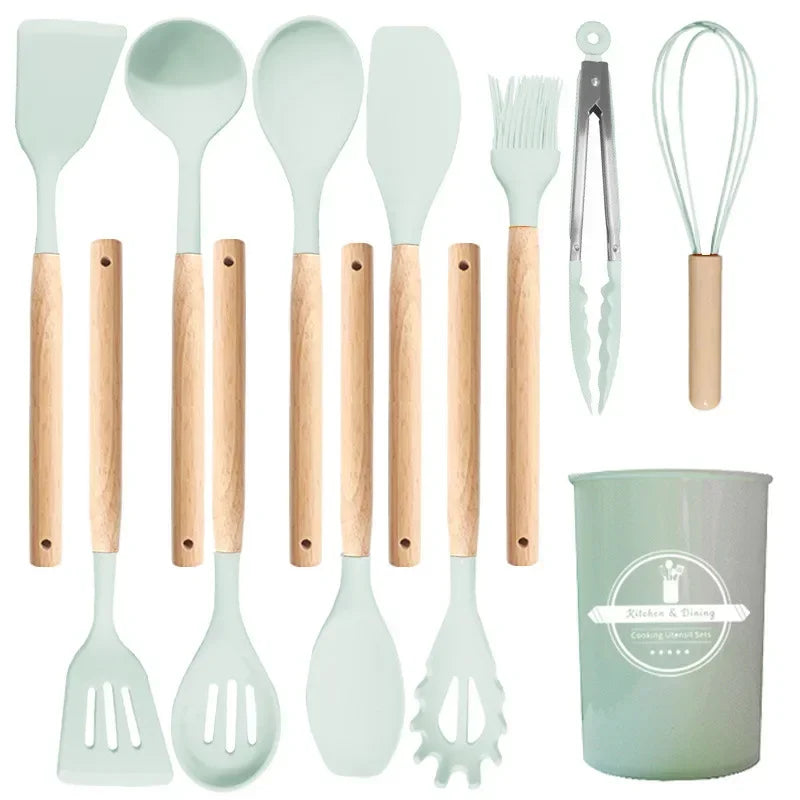 12Pcs Silicone Utensils Set Non-Stick Cookware Spatula Shovel Egg Beaters Wooden Handle Kitchenware Home Kitchen Cooking Tools Oasis Select Mint green 12Pcs