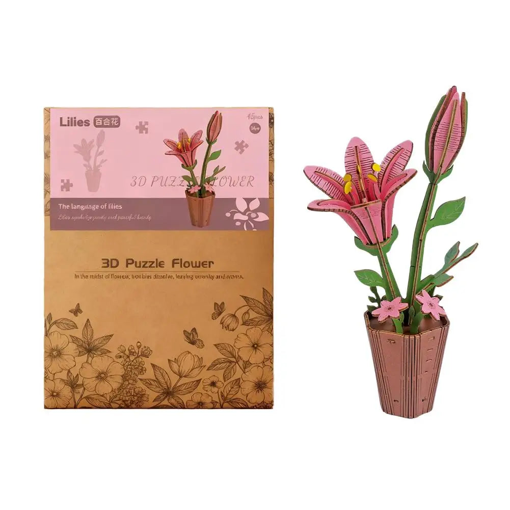 3D Wooden Puzzles Flowers Diy Artifical Botanical Bouquet Puzzle Kit Home Decoration For Adults Mother's Day Birthday Gift Oasis Select lily