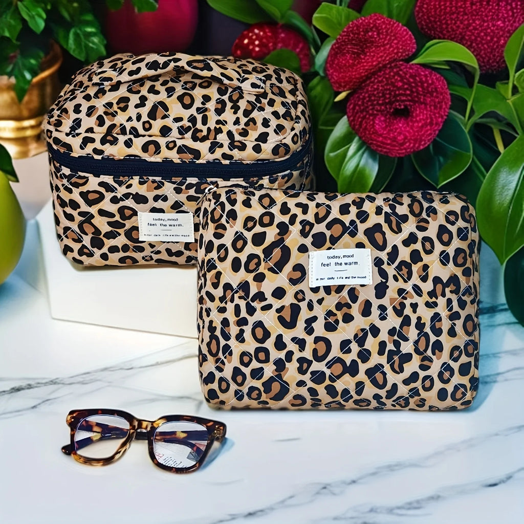 4Pcs European American Ins Style Leopard Print Makeup Bag Double Layer Large Capacity Travel Toiletry Bag Cosmetic Storage Organ Oasis Select