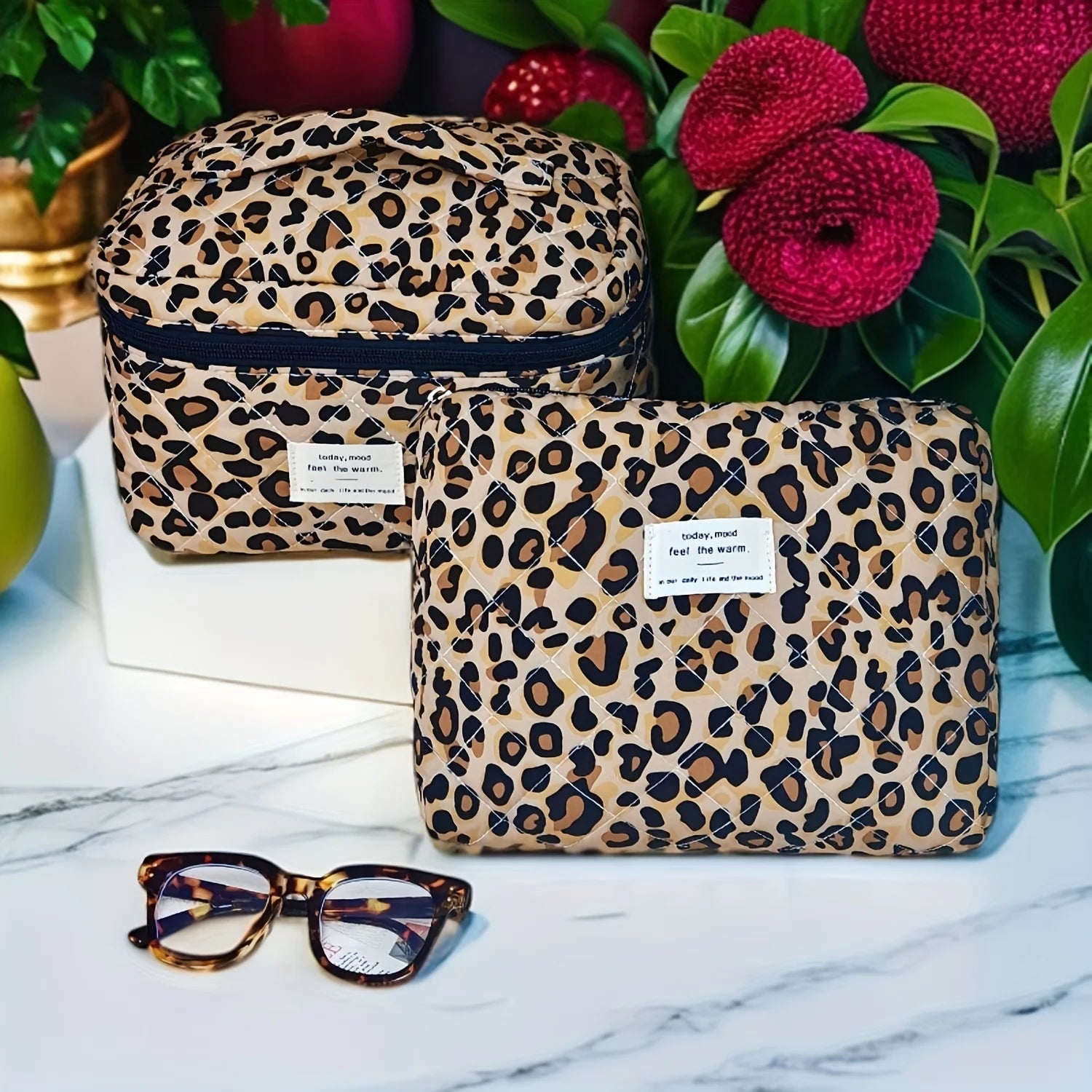 4Pcs European American Ins Style Leopard Print Makeup Bag Double Layer Large Capacity Travel Toiletry Bag Cosmetic Storage Organ Oasis Select