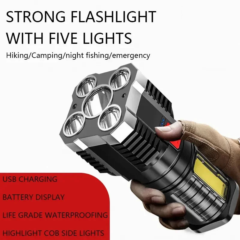 3 Lighting Modes Led Flashlights 5LED High Power Rechargeable Camping Spotlight with Side Light for Camping Adventure Outdoor Oasis Select
