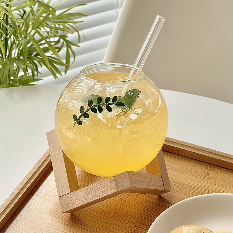 Creative Spherical Glass Cup with Wood Stand Straw Wine Cocktail Coffee Glass Cup Transparent Moon Ball Cold Drinking Juice Cups Oasis Select